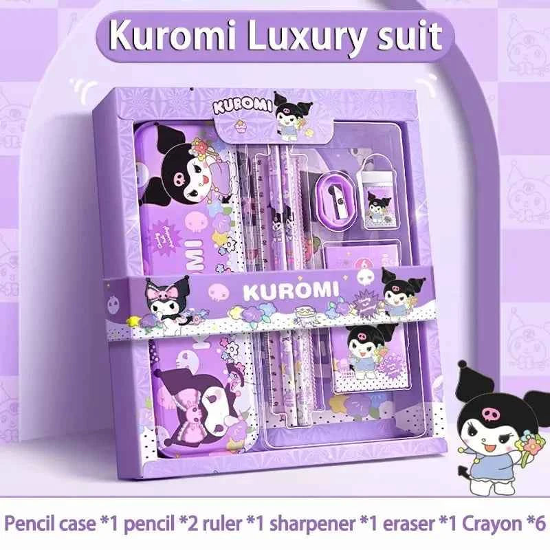 Sanrio Kuromi Ensemble de papeterie 12 pièces Cinnamoroll My Melody Crayons Gommes Règles Fournitures scolaires pour étudiants Papeterie d'étude Cadeaux