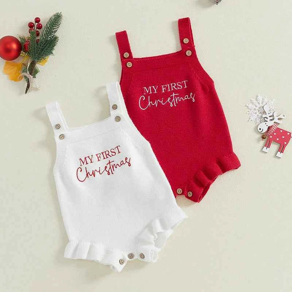 Newborn Baby Romper, Christmas Baby Clothes, Casual Sleeveless Knitted Letter Print Jumpsuit
