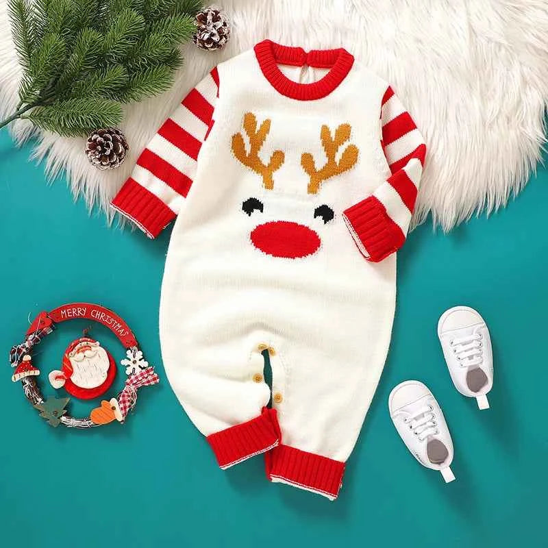 Barboteuse de Noël mignonne et tendance pour bébé, motif élan, vêtements tricotés pour nouveau-né, garçons et filles, 0 à 18 mois, manches longues, salopette chaude