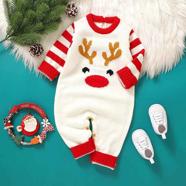 Barboteuse de Noël mignonne et tendance pour bébé, motif élan, vêtements tricotés pour nouveau-né, garçons et filles, 0 à 18 mois, manches longues, salopette chaude