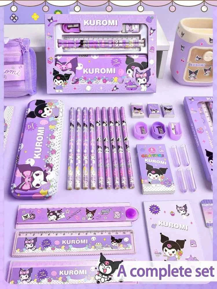 Sanrio Kuromi Ensemble de papeterie 12 pièces Cinnamoroll My Melody Crayons Gommes Règles Fournitures scolaires pour étudiants Papeterie d'étude Cadeaux