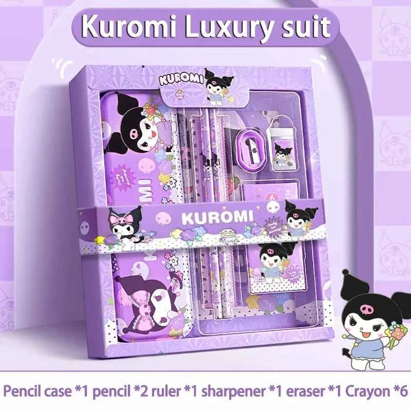 Sanrio Kuromi Ensemble de papeterie 12 pièces Cinnamoroll My Melody Crayons Gommes Règles Fournitures scolaires pour étudiants Papeterie d'étude Cadeaux