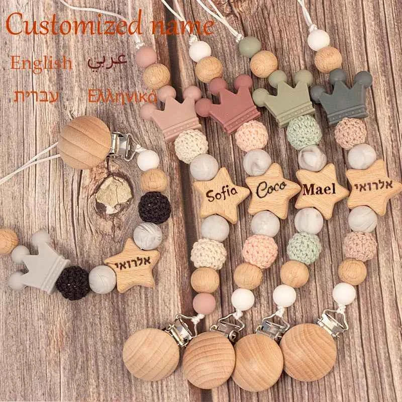 Chaîne de sucette personnalisée en bois pour bébé, perle en silicone, anneau de dentition, pendentif, cadeau pour nouveau-né