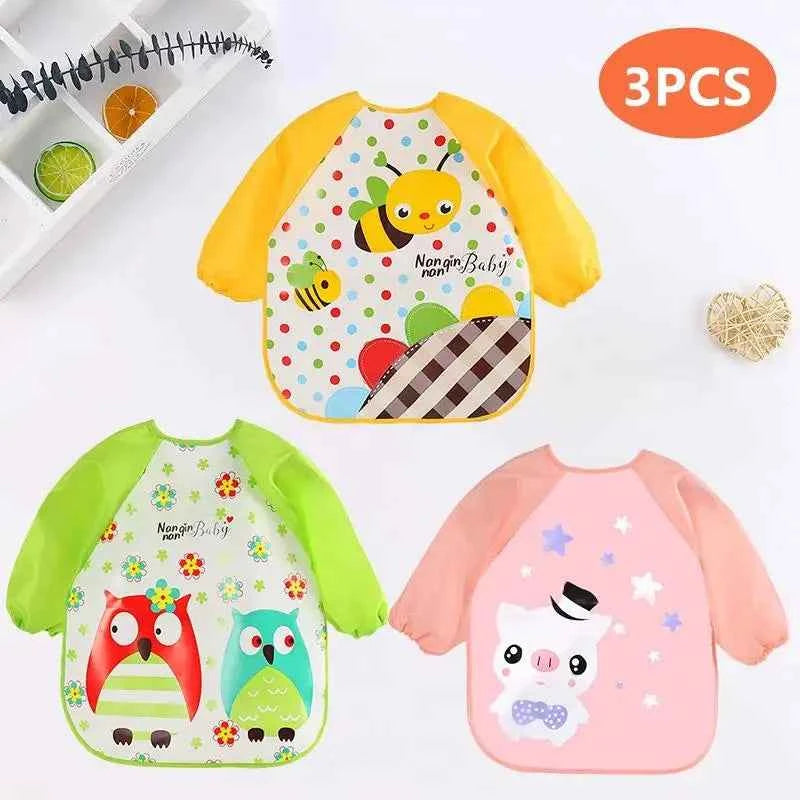 Bavoirs pour bébé, mignons et colorés, imperméables, motif dessin animé, pour nourrissons, enfants, tablier à manches longues, poche, alimentation autonome, pour bébés de 0 à 3 ans