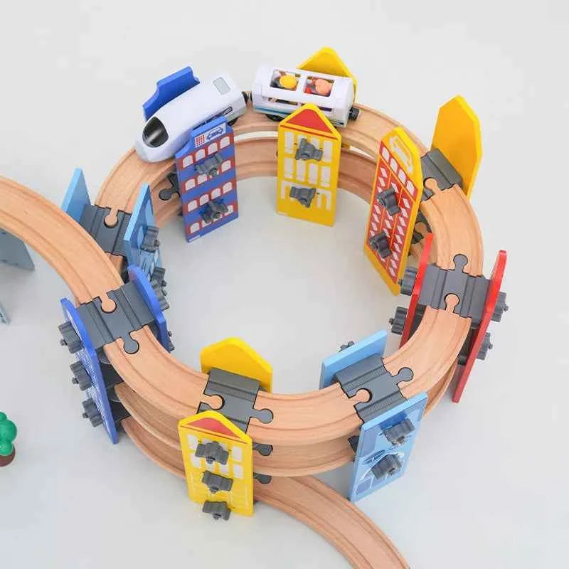 Ensemble de rails de chemin de fer en bois, train électrique, voiture magnétique moulée sous pression, compatible avec toutes les marques Biro, piste en bois à assembler, jouet pour garçon, cadeau