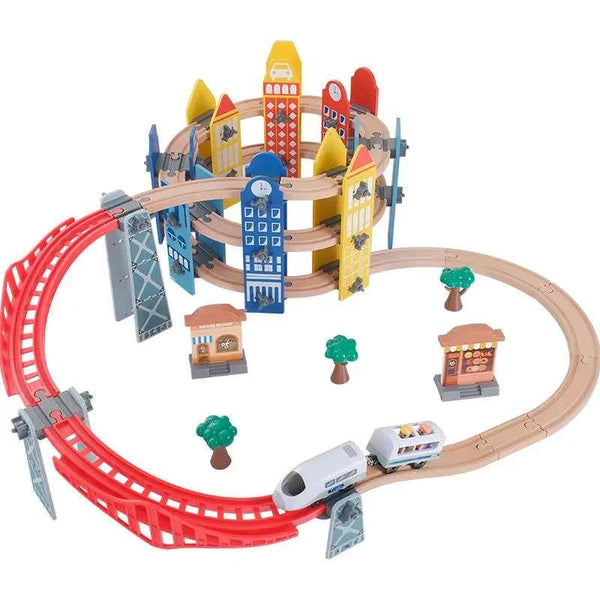 Ensemble de rails de chemin de fer en bois, train électrique, voiture magnétique moulée sous pression, compatible avec toutes les marques Biro, piste en bois à assembler, jouet pour garçon, cadeau