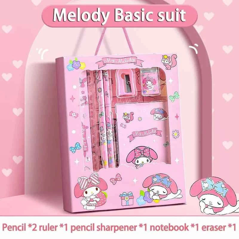 Sanrio Kuromi Ensemble de papeterie 12 pièces Cinnamoroll My Melody Crayons Gommes Règles Fournitures scolaires pour étudiants Papeterie d'étude Cadeaux