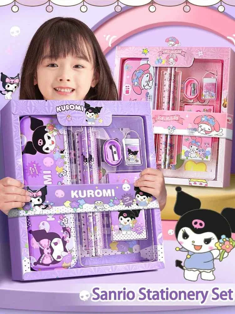 Sanrio Kuromi Ensemble de papeterie 12 pièces Cinnamoroll My Melody Crayons Gommes Règles Fournitures scolaires pour étudiants Papeterie d'étude Cadeaux