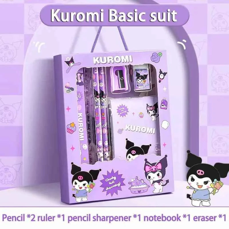 Sanrio Kuromi Ensemble de papeterie 12 pièces Cinnamoroll My Melody Crayons Gommes Règles Fournitures scolaires pour étudiants Papeterie d'étude Cadeaux