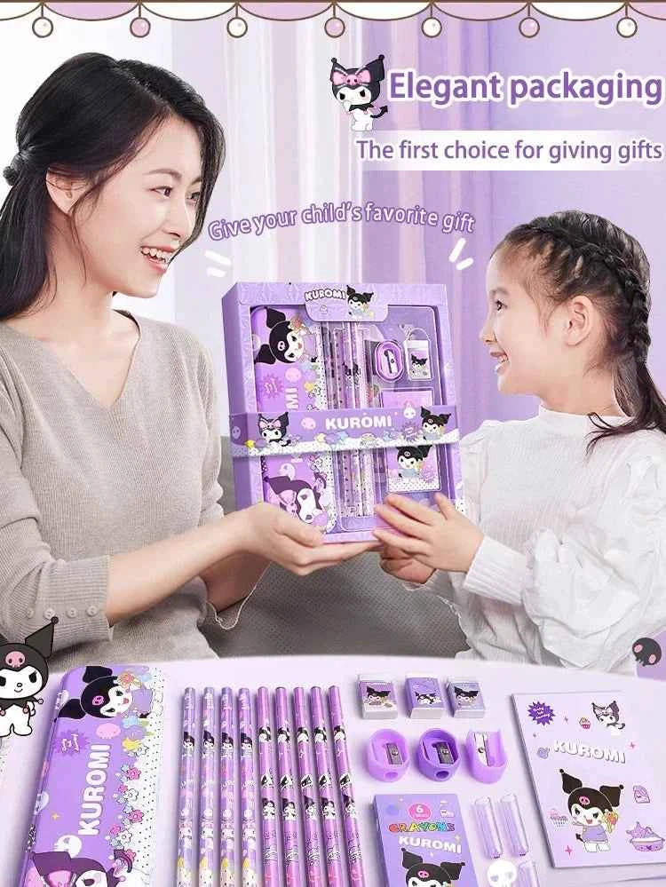 Sanrio Kuromi Ensemble de papeterie 12 pièces Cinnamoroll My Melody Crayons Gommes Règles Fournitures scolaires pour étudiants Papeterie d'étude Cadeaux