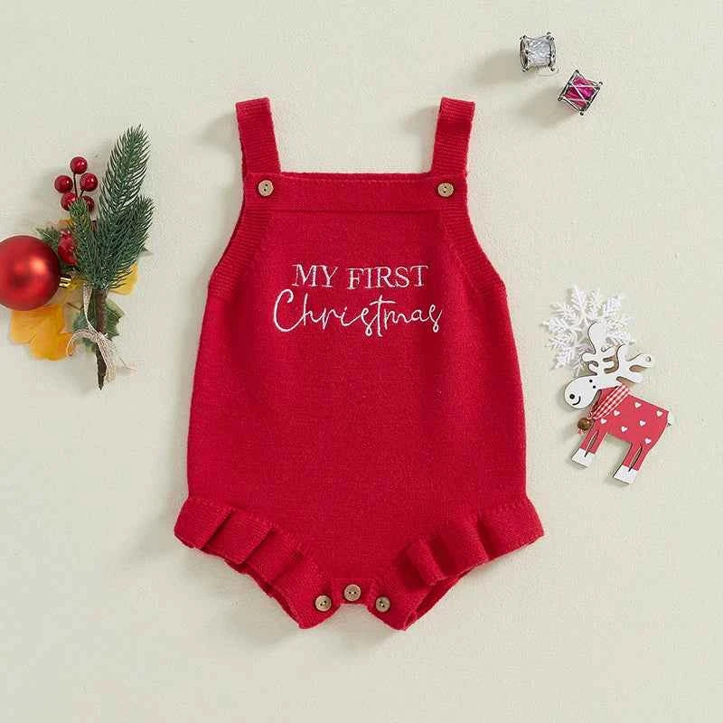 Newborn Baby Romper, Christmas Baby Clothes, Casual Sleeveless Knitted Letter Print Jumpsuit