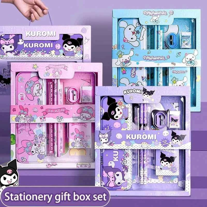 Sanrio Kuromi Ensemble de papeterie 12 pièces Cinnamoroll My Melody Crayons Gommes Règles Fournitures scolaires pour étudiants Papeterie d'étude Cadeaux