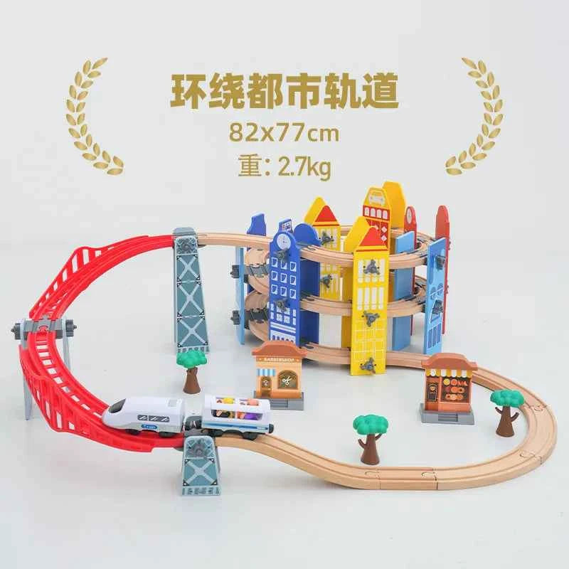 Ensemble de rails de chemin de fer en bois, train électrique, voiture magnétique moulée sous pression, compatible avec toutes les marques Biro, piste en bois à assembler, jouet pour garçon, cadeau