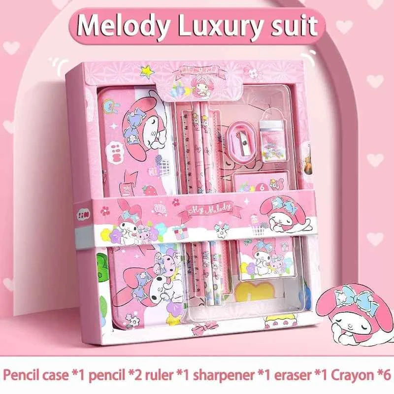 Sanrio Kuromi Ensemble de papeterie 12 pièces Cinnamoroll My Melody Crayons Gommes Règles Fournitures scolaires pour étudiants Papeterie d'étude Cadeaux